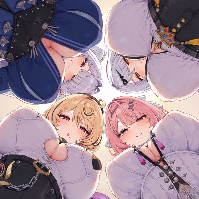 Four anime-style female characters lean toward each other in a circular, top-down composition, featuring detailed outfits in blue, dark, and white tones with decorative accents like chains, gemstones, and star motifs. The image serves as eye-catching visual flair for a post promoting a DeFi farming experiment yielding "MU/SHROOM" tokens, likely created by the artist to attract engagement within a crypto or NFT community.