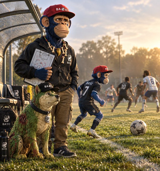 An AI-generated scene showing anthropomorphic animals (a chimpanzee coach and dog) on the sidelines of a soccer match, with a young chimp player wearing a 'BAYC' jersey number 7.