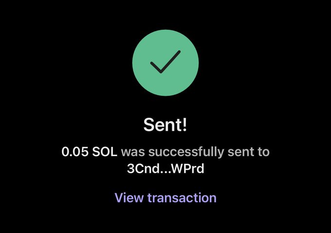 A dark confirmation screen displays a green checkmark with "Sent!" and the message "0.05 SOL was successfully sent to 3Cnd…WPrd," along with a "View transaction" link, visually confirming the small Solana transfer mentioned in the post.
