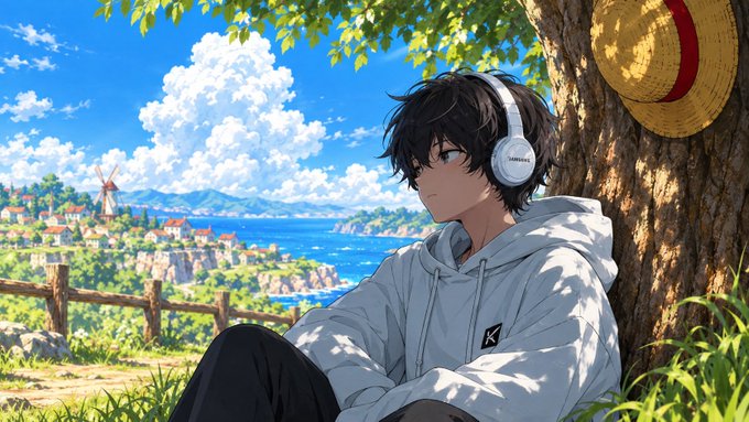 Anime-style artwork of a young man with black hair wearing headphones, resting against a tree with a straw hat hanging on it, overlooking a coastal town and blue sea.