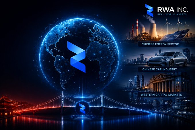 A promotional graphic for 'RWA INC. REAL WORLD ASSETS' featuring a blue globe and sections labeled 'CHINESE ENERGY SECTOR', 'CHINESE CAR INDUSTRY', and 'WESTERN CAPITAL MARKETS'.