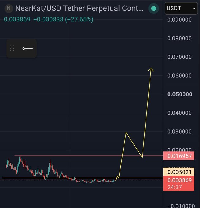 A cryptocurrency trading chart for NearKat/USD Tether Perpetual Contract (NKAT/USDT) shows a price of 0.003869 with a +27.65% gain, featuring a yellow price projection line pointing upward to a target around 0.060000 with key levels marked at 0.005021 and 0.016957.
