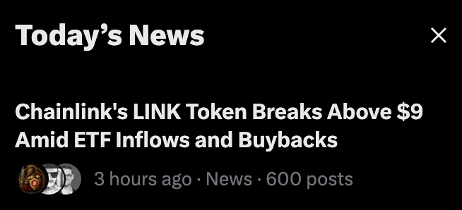 A dark-themed news notification reading 'Chainlink's LINK Token Breaks Above $9 Amid ETF Inflows and Buybacks' with timestamp '3 hours ago', categorized under 'News' with '600 posts'.