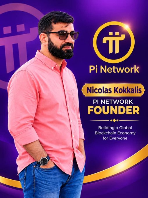 A promotional graphic showing a bearded man in a pink shirt and sunglasses, identified by the Pi Network logo and text as 'Nicolas Kokkalis, PI NETWORK FOUNDER, Building a Global Blockchain Economy for Everyone.'