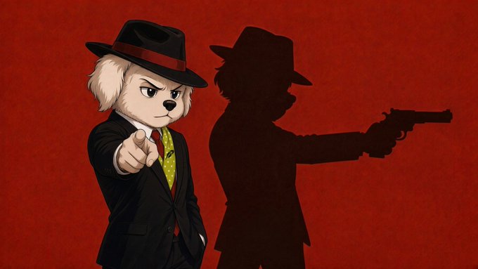 An anthropomorphic dog wearing a fedora and suit points at the viewer while casting a shadow holding a gun against a red background.