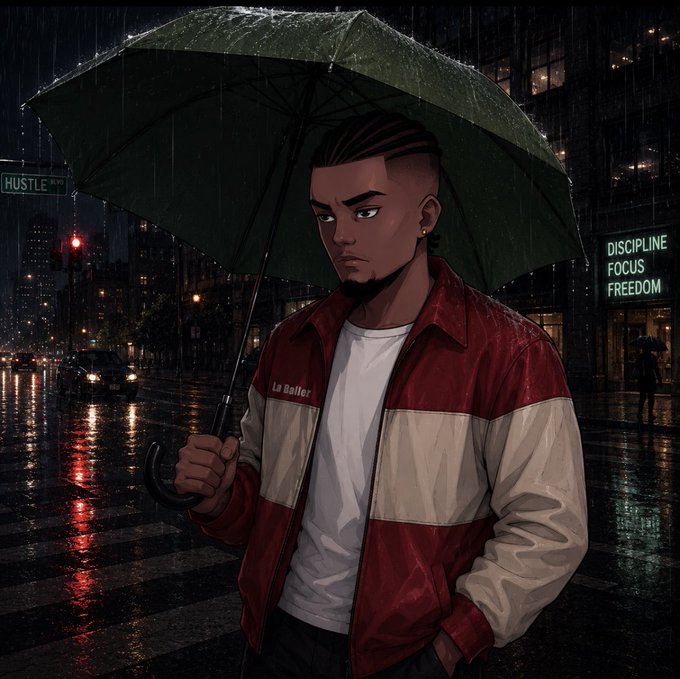 An animated illustration of a young man with braided hair holding a green umbrella in the rain on a city street, wearing a red and cream jacket with 'La Seller' visible; neon signs in the background read 'HUSTLE' and 'DISCIPLINE FOCUS FREEDOM.'