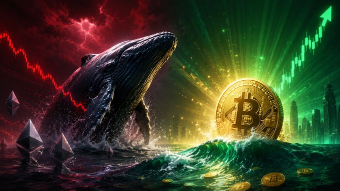 The image features a whale with its mouth open, flipping upside down over a cityscape filled with buildings and skyscrapers. The whale appears to be in motion as it flips above the city. In the background of the image, there are two coins - one gold coin and one Bitcoin - floating on water. The text accompanying the image reads: "Whale flips hard Closed a $100M ETH short at a $260K loss... then instantly opened a $13.4M BTC long at 20x leverage. At 20x, just a ~5% move against =$1.26B ETF outflows, BTC holds $76K. High conviction or high risk?".