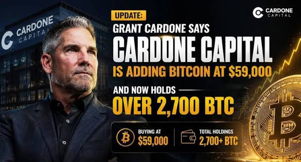 The image is a promotional graphic from Cardone Capital featuring Grant Cardone, announcing that the firm is adding Bitcoin at $59,000 per coin and now holds over 2,700 BTC. The accompanying post about adding 10.5 BTC from July cash flow aligns with the image's theme of Cardone Capital's ongoing dollar-cost averaging strategy into Bitcoin.