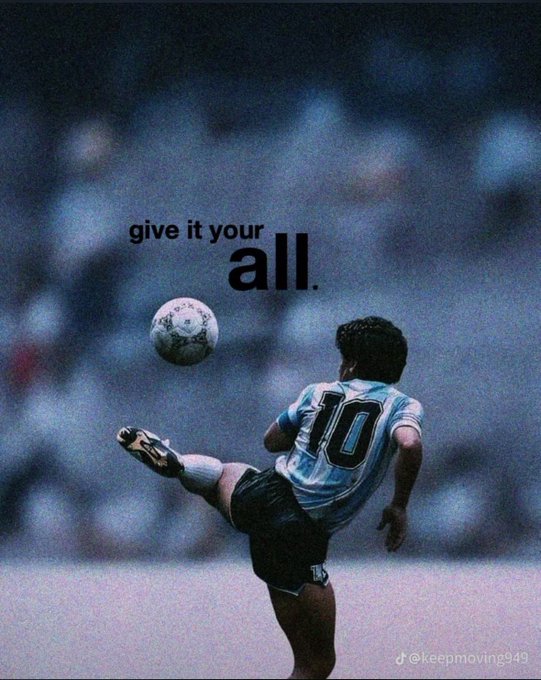 A motivational poster featuring a soccer player in a light blue and white striped jersey with the number 10 kicking a ball, accompanied by the text "give it your all."
