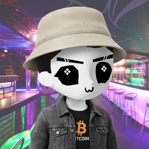 A cartoonish character wearing a beige bucket hat labeled "WSB" and a denim jacket over a t-shirt reading "BITCOIN" with an orange ₿ symbol stands against a vibrant, neon-lit bar background, reflecting the post's promotional announcement for an NFT mint collection on OpenSea with multiple pricing tiers and allocation phases.