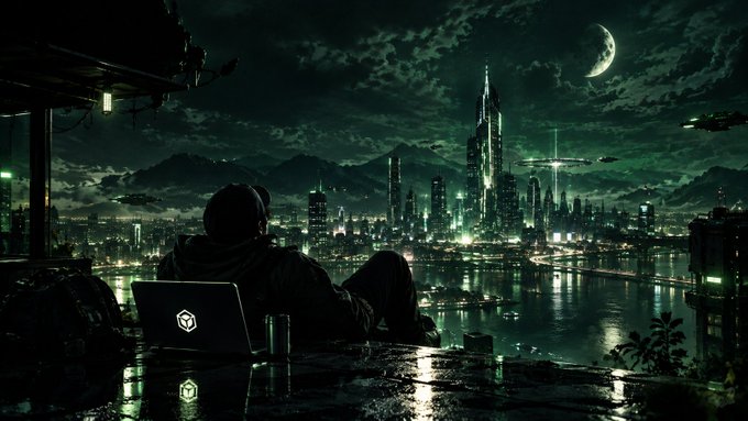 A digital artwork showing a person with a laptop overlooking a futuristic green-lit cityscape at night under a crescent moon.