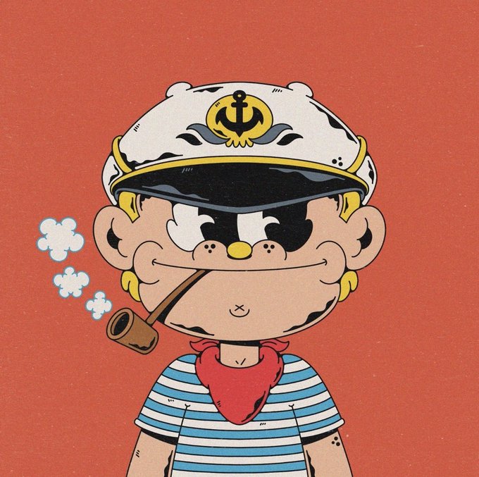 A cartoon sailor character with an anchor-emblazoned captain's hat, smoking a pipe, and wearing a blue-and-white striped shirt with a red bandana against an orange background—fitting the classic "Whacky" NFT collection aesthetic referenced in the post about sweeping 1/1s from @uyo66_'s project featuring @garyvee.