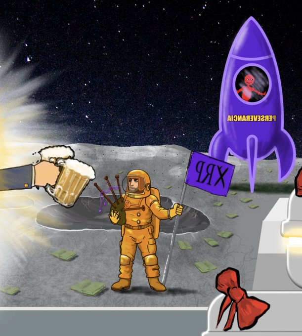 A figure in an orange spacesuit holding a purple "XRP" flag stands on a lunar surface, while a giant hand toasts with a beer and a purple rocket emblazoned with "RIPRESEARCH" prepares for liftoff, symbolizing the rallying call to move forward with the XRP project.
