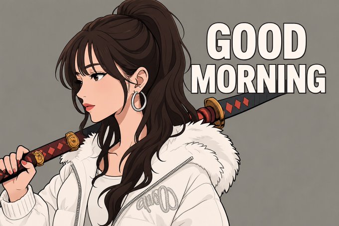 An anime-style illustration of a woman with a ponytail holding a katana sword features the bold text "GOOD MORNING" in the corner.
