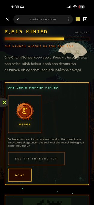 A mobile screenshot shows a chainmancers.com webpage displaying "2,619 MINTED" out of 3,750, with a countdown of "23H 56M 55S" remaining in the window. The minting confirmation reveals a Bitcoin-styled orange icon artwork labeled "C" with number "#3864," showing one Chain Mancer has been successfully minted.