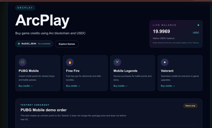 The ArcPlay interface showing a live USDC balance of 19.9969 with options to buy game credits for PUBG Mobile, Free Fire, Mobile Legends, and Valorant using Arc blockchain.