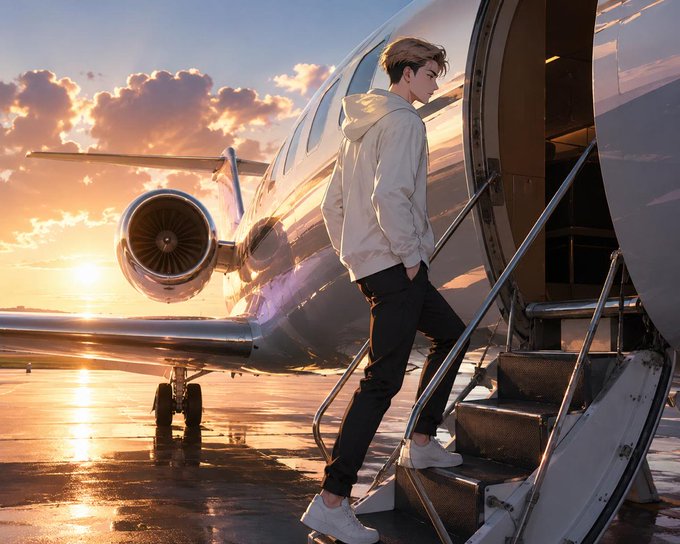 Anime-style digital illustration of a young man in a white hoodie and black pants descending the stairs of a private jet against a golden sunset sky.