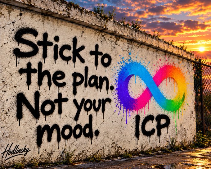 A graffiti mural on a cracked wall at sunset reading "Stick to the plan. Not your mood." alongside a colorful infinity symbol with "ICP" beneath it, signed "Hollinskey".