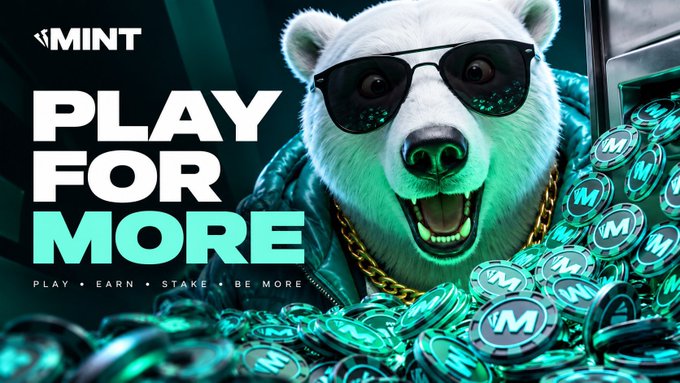 A promotional graphic featuring a roaring polar bear wearing sunglasses and a gold chain, surrounded by teal coins with the letter 'M', alongside the text 'MINT PLAY FOR MORE' and 'PLAY • EARN • STAKE • BE MORE'.