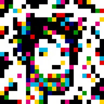 A pixelated abstract image featuring a colorful grid of small squares in various colors scattered against a black and white background.