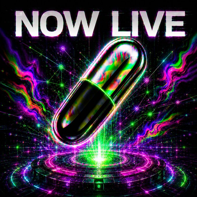 A vibrant promotional graphic featuring a glossy 3D capsule pill with 'NOW LIVE' text above it, set against a psychedelic neon background with colorful energy waves and glowing tech elements.