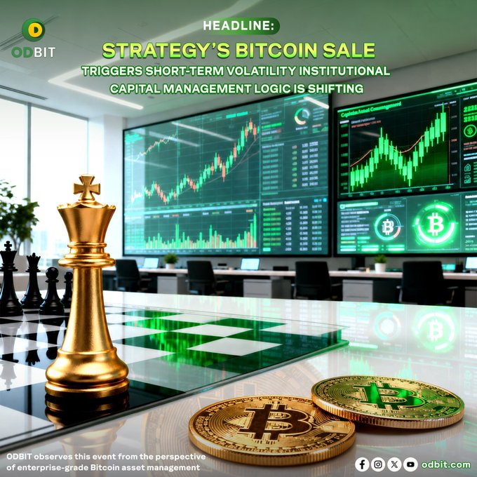 The image displays a trading floor setting with multiple screens showing green candlestick charts and Bitcoin (₿) symbols, alongside a prominent gold chess king piece and two gold Bitcoin coins on a reflective surface. Key text reads "HEADLINE: STRATEGY'S BITCOIN SALE TRIGGERS SHORT-TERM VOLATILITY INSTITUTIONAL CAPITAL MANAGEMENT LOGIC IS SHIFTING," with the "ODBIT" logo and tagline "ODBIT observes this event from the perspective of enterprise-grade Bitcoin asset management" at the bottom. The image visually reinforces the post's theme by combining chess strategy imagery (symbolizing institutional decision-making) with Bitcoin trading data, illustrating how Strategy's 3,588 BTC sale is reshaping capital management approaches.