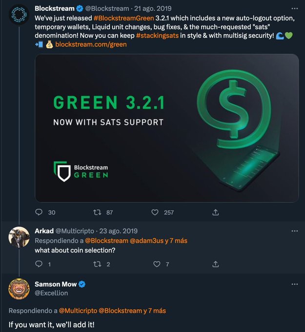 Screenshot of a tweet from Blockstream (@Blockstream) announcing the release of "Blockstream Green 3.2.1" which includes a new auto-logout option and sats support.