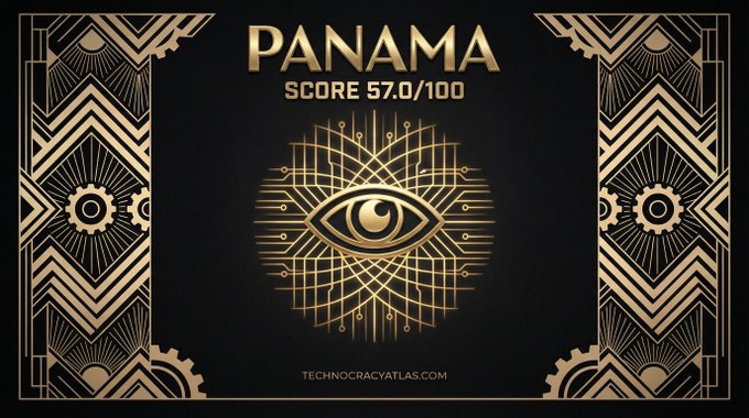 An ornate Art Deco-style graphic on a black background displaying 'PANAMA SCORE 57.0/100' above a central eye emblem, from TechnocracyAtlas.com.
