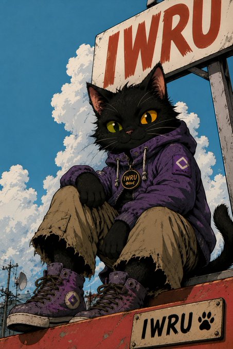 A comic-style illustration of a black cat wearing a purple hoodie and purple sneakers with an IWRU tag, sitting beneath a large red and white 'IWRU' sign against a cloudy blue sky.