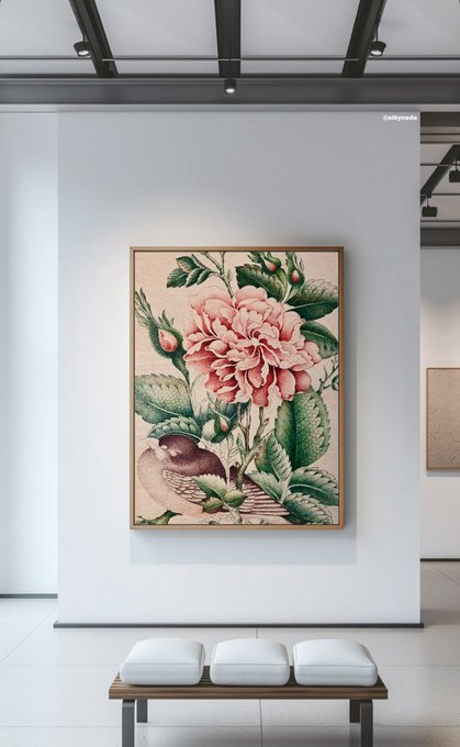 A framed botanical artwork featuring a pink rose and bird hangs on a white gallery wall above three white cushioned stools.