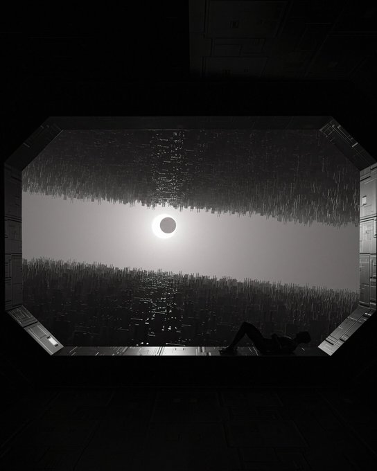 A black and white scene of a person lying on the floor of a futuristic structure, looking out a large window at a surreal landscape of floating city structures during a solar eclipse.