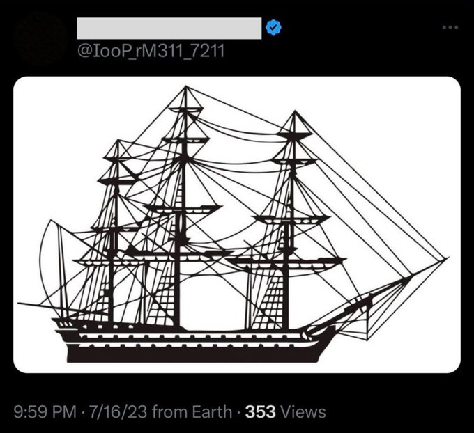 A black-and-white illustration of a tall sailing ship with three masts and full rigging, posted by user @IooPrM311_7211 at 9:59 PM on 7/16/23. The image metaphorically represents the "Vanguard" ship referenced in the accompanying post about @Vanguard_Group's strategic pivot into digital assets.