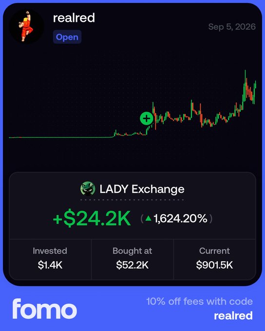 The image is a promotional graphic from Fomo showcasing a crypto/token performance card for the ticker "realred" dated Sep 5, 2026, highlighting a gain of +$24.2K (▲1,624.20%) on the LADY Exchange, with $1.4K invested at a buy price of $52.2K and a current value of $901.5K, while the caption references "LDX" as a potential "JUP/1inch of Robinhood" discovery linked via fomo.family/r/realred.
