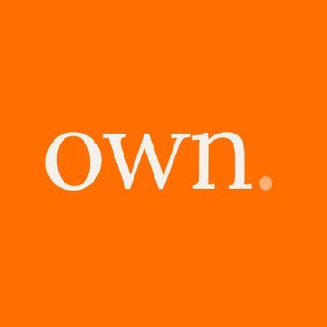 The image displays the "own." logo in cream-colored serif text on an orange background, representing the financial brand mentioned in the accompanying post about @ownfinanceHQ's growing momentum following its launch of USDG borrowing backed by tokenized stocks like eSPY and eNVDA.