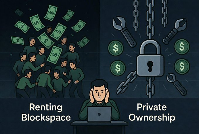 An illustration comparing blockchain storage options, showing a frustrated man at a laptop with 'Renting Blockspace' (people chasing money) on the left and 'Private Ownership' (a padlock with dollar coins and wrenches) on the right.
