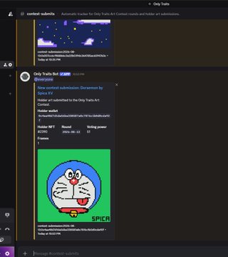 The image shows a Discord interface displaying an automated tracker for the "Only Traits Bot" contest submissions, featuring entries like "Splicer" and "Spice RV," with accompanying pixel art of a blue Doraemon-like character on a green background. This relates to the contest on onlytraits.art by showcasing submitted artwork entries with metadata such as edition numbers, holder details, and ranking information.