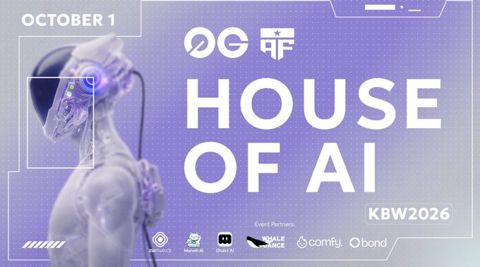 A purple and white promotional graphic announces 'HOUSE OF AI' for 'OCTOBER 1', labeled 'KBW2026', featuring an AI figure and logos for sponsors like comify and bond.
