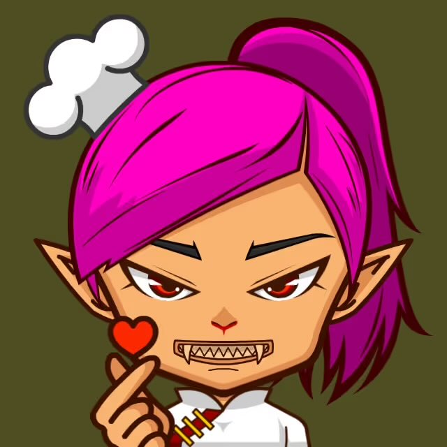 A cartoon illustration of a pink-haired elf-like character with pointed ears, fangs, and a chef's hat, holding up a small red heart.