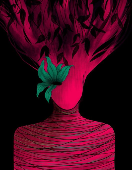 A faceless figure in vibrant pink is bound by dark thread across the chest, with a green flower blooming where the face should be and lush foliage flowing upward like hair into a black void—visually echoing the post's theme of "Bound Yet Blooming" as a striking artistic piece offered as the last 3 editions for 4.5 xtz.