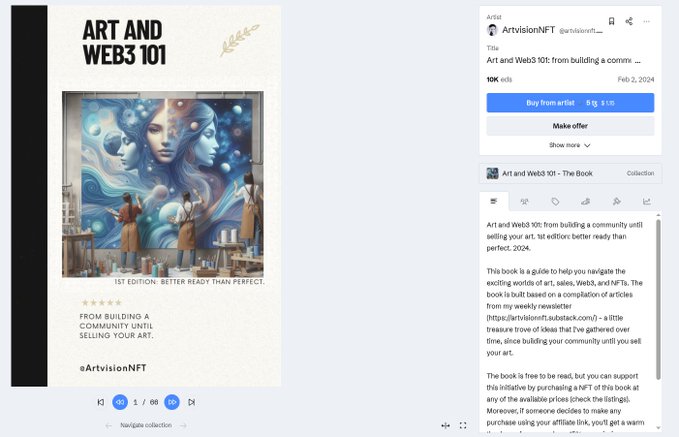 Screenshot of a Substack post titled "Art and Web3 101: from building a community until selling your art" by @ArtvisionNFT (urbisinvft_), dated Feb 2, 2024, featuring book cover art with the tagline "1st edition: Better ready than perfect" and "From building a community until selling your art."