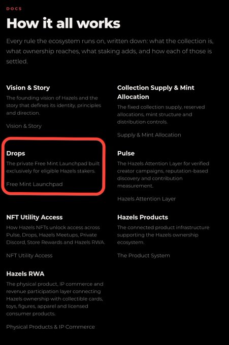 A dark-themed documentation page titled 'How it all works' outlines an ecosystem, with a red box highlighting the 'Drops' section about the 'Free Mint Launchpad'.