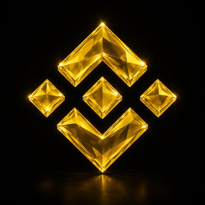 A glowing 3D rendering of the Binance (BNB) cryptocurrency logo composed of faceted golden diamond-like shapes against a black background.