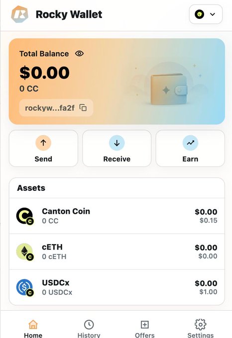The image displays the Rocky Wallet Mainnet Beta Preview interface, showing a total balance of $0.00 with an address beginning "rockyw...fa2f," alongside three assets—Canton Coin (CC), cETH, and USDCx—each holding a $0.00 balance, illustrating the wallet's tailored design for handling Canton's unique contract-based asset architecture and party-bound identity system.