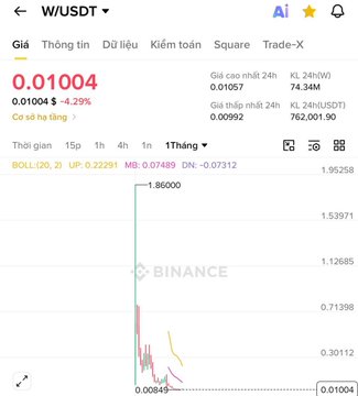 A Binance price chart for W/USDT showing a current price of 0.01004 with a 4.29% decrease, displaying a sharp decline on the 1-month chart.