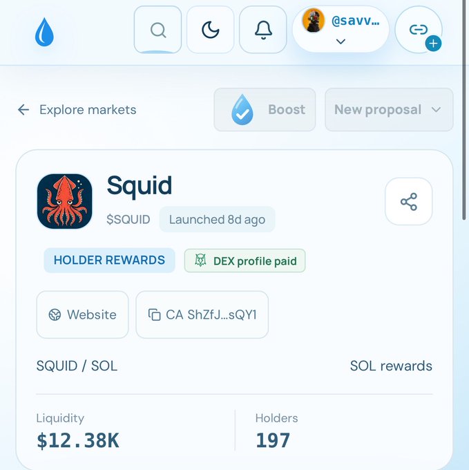 A crypto exploration page showing a token called 'Squid' ($SQUID) launched 8 days ago, with $12.38K liquidity and 197 holders.