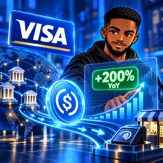 A stylized digital illustration featuring a man pointing at a chart with '+200% YoY', alongside a Visa logo, a dollar coin, and a globe with bank icons.