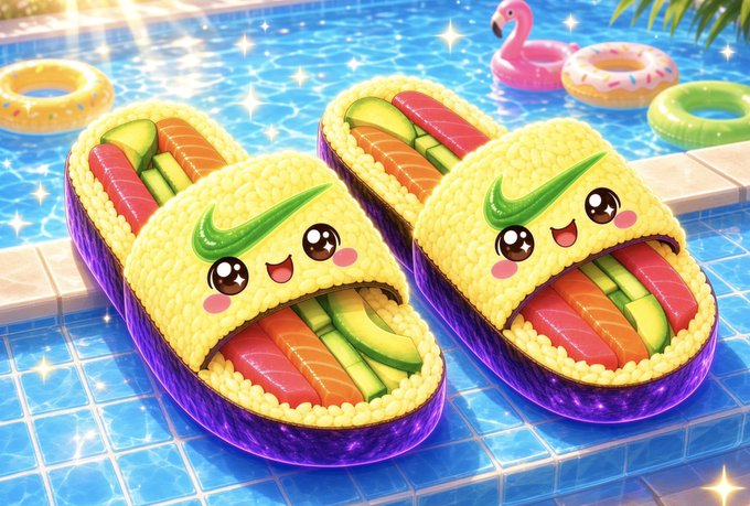 Two adorable anthropomorphized sushi rolls with cute smiling faces float in a sparkling blue swimming pool with pink flamingo and donut floats.