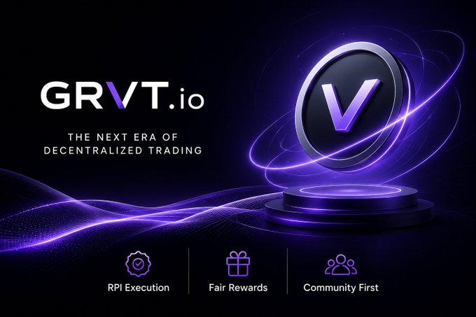 The image features a purple background with a black coin placed at the center, surrounded by various icons representing different aspects of the GrVT platform. The text "GRVT" is prominently displayed above the coin, while other text related to the platform's offerings can be found throughout the image. The post discusses the importance of focusing on the GrVT ecosystem and how it has been heavily concentrated in the #Base ecosystem. It emphasizes the need for institutional-grade execution with a unified margin model, which is crucial for success in this space.