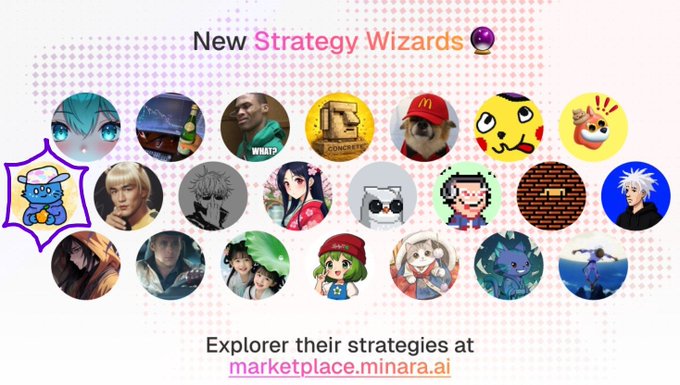 Promotional graphic titled 'New Strategy Wizards' displaying a grid of 15 profile avatars, with text 'Explorer their strategies at marketplace.minara.ai'.