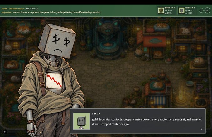 A screenshot from a video game showing a robot character with a '$$' box head and a downward stock chart on its chest, alongside text defining 'cache' as 'gold decorates contacts. copper carries power. every motor here needs it, and most of it was stripped centuries ago.'